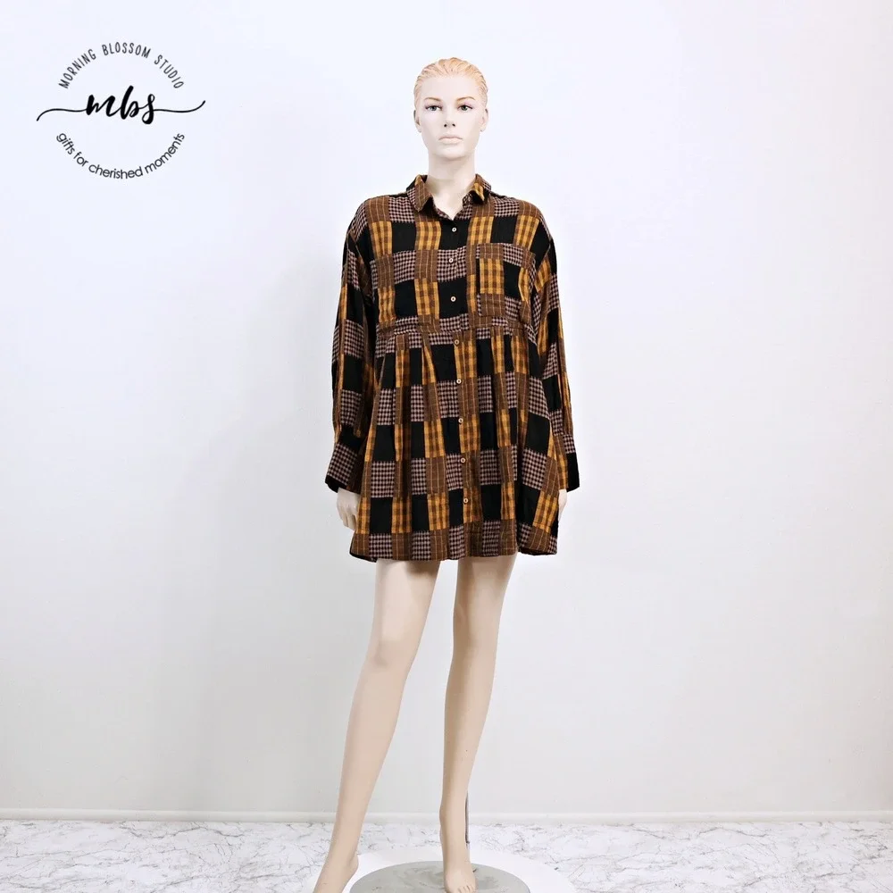 NWT Saints & Hearts Plaid Babydoll Mini Dress Black Yellow Women‎ L*